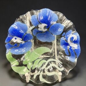 SYDENSTRICKER Glass Fused Blue Flower Bowl Dish Ruffled Edge Scalloped Decor